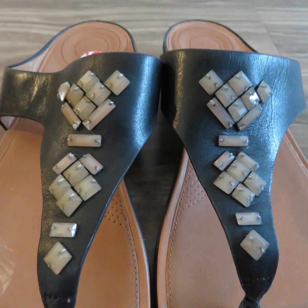 FITFLOP Banda Crystal Toe-Post Thong Sandals Black Leather Comfort - Size US 10 - Picture 3 of 15